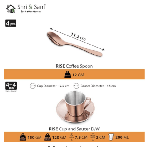 Shri & Sam Stainless Steel with Rose Gold PVD Coating 4 Pieces Rise Double Wall Cup and Saucer Set - Image 2